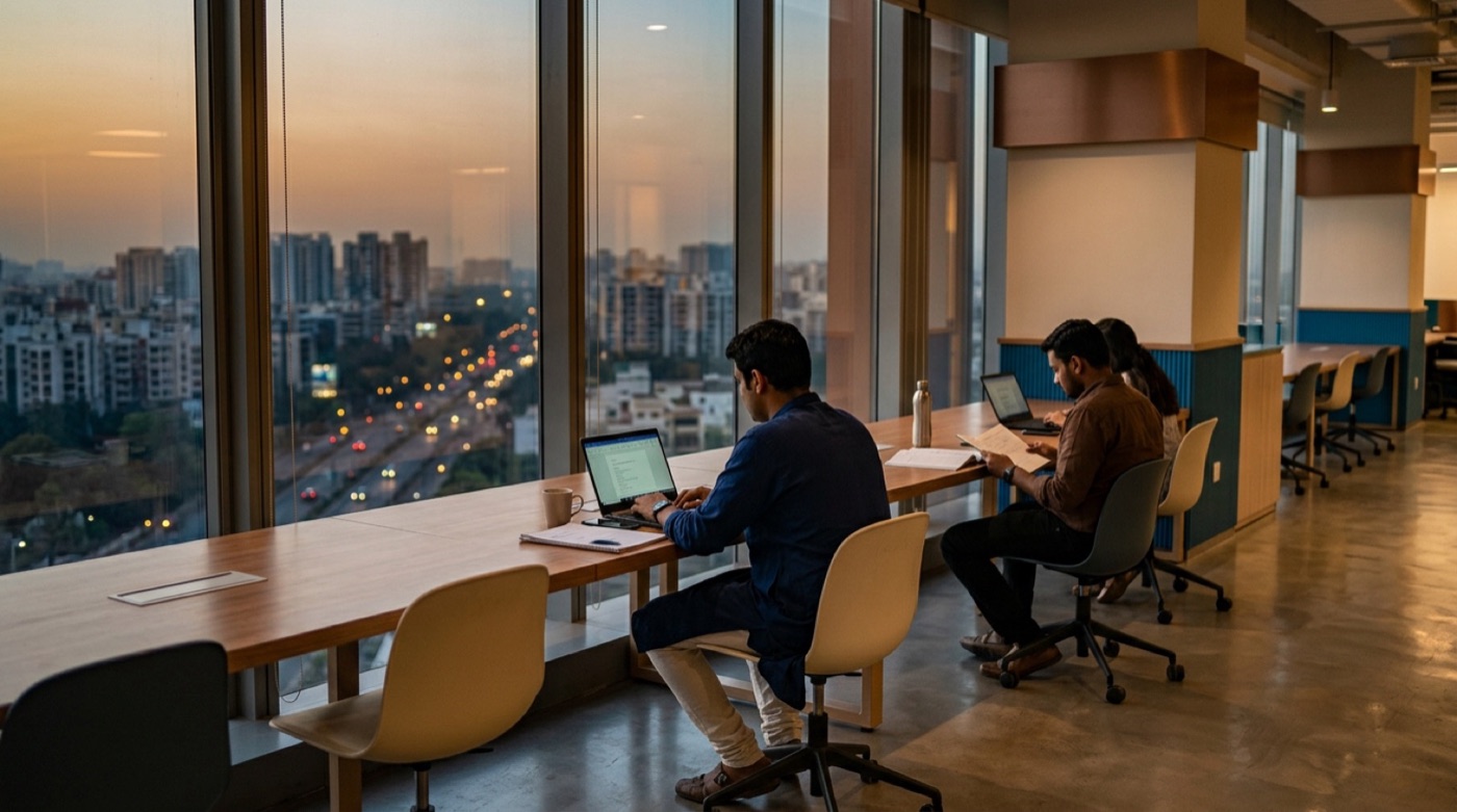 Colleagues working at a long table in a modern office at dusk, seen from behind