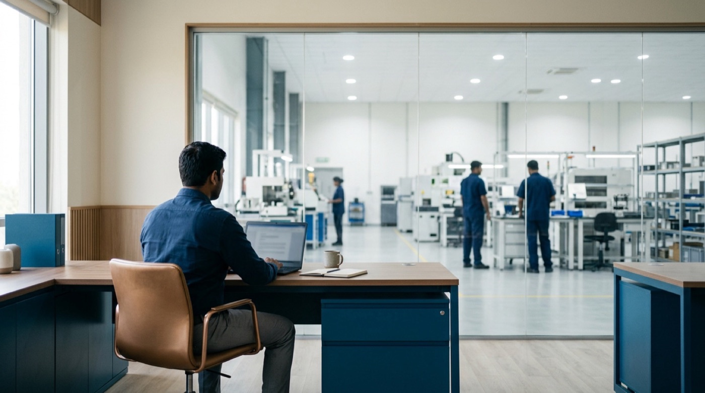 A bright modern office with a clean production floor seen through a glass wall