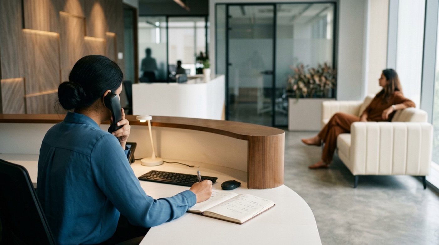 A front desk where a staff member takes a call while a visitor waits