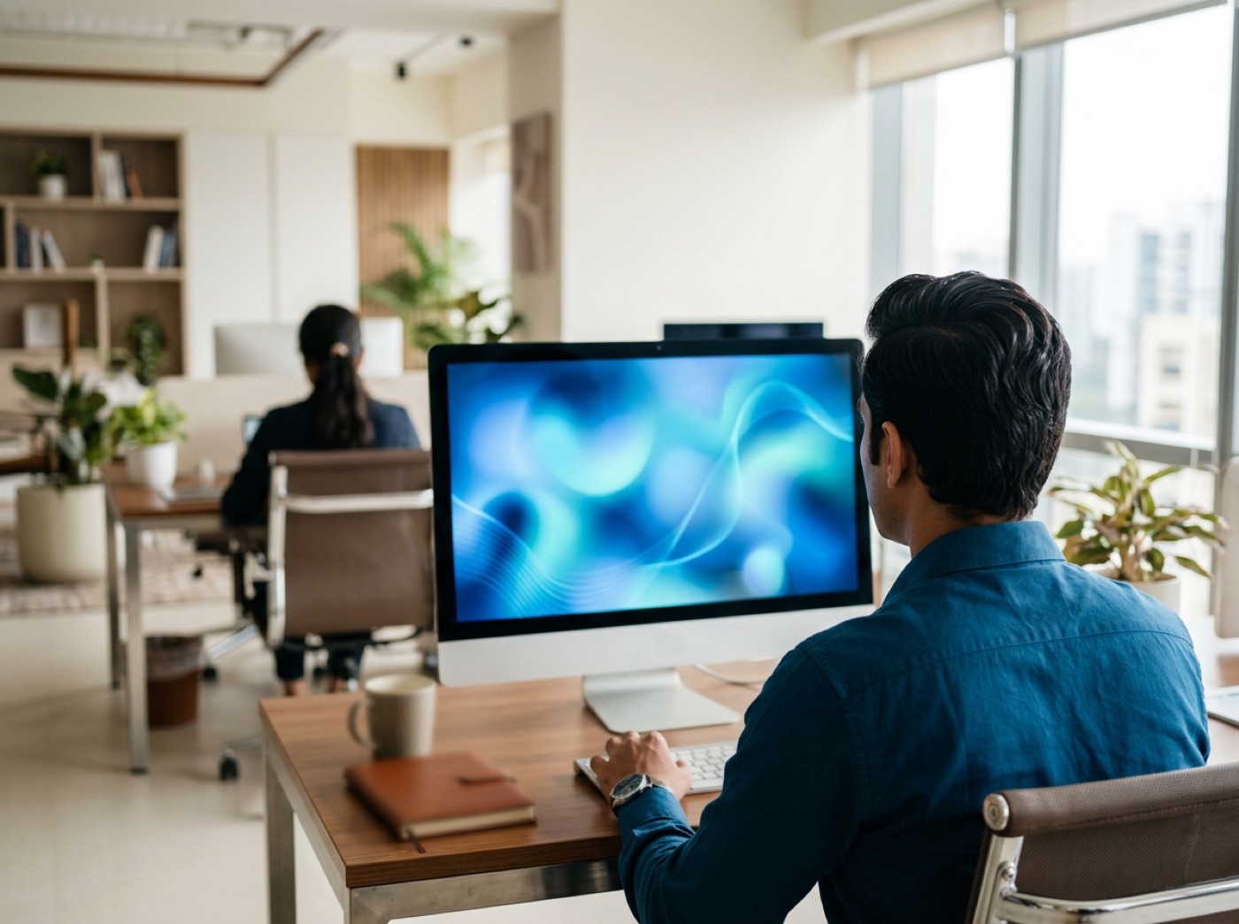 A business owner at a monitor showing abstract AI visuals, seen from behind