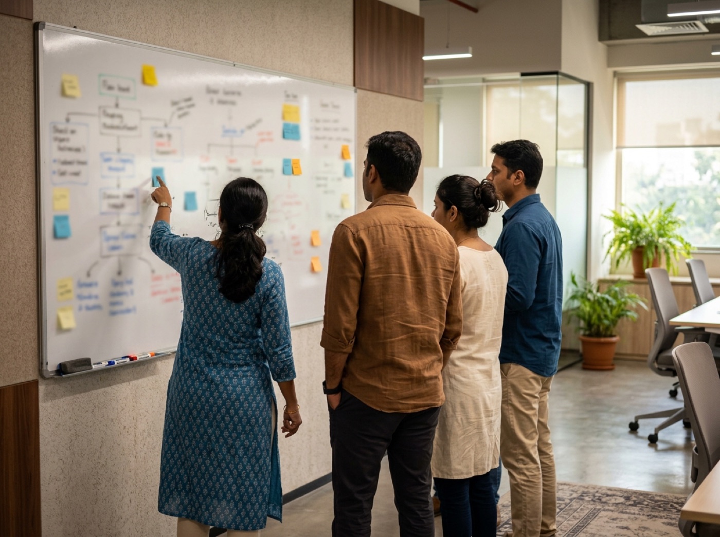 A team working through a plan on a whiteboard, seen from behind